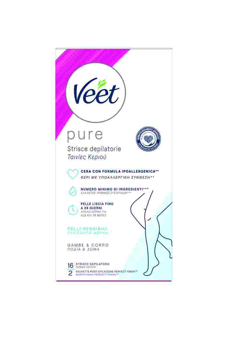 Veet Pure strisce ipoallergeniche depilatorie corpo e gambe, 16 pezzi