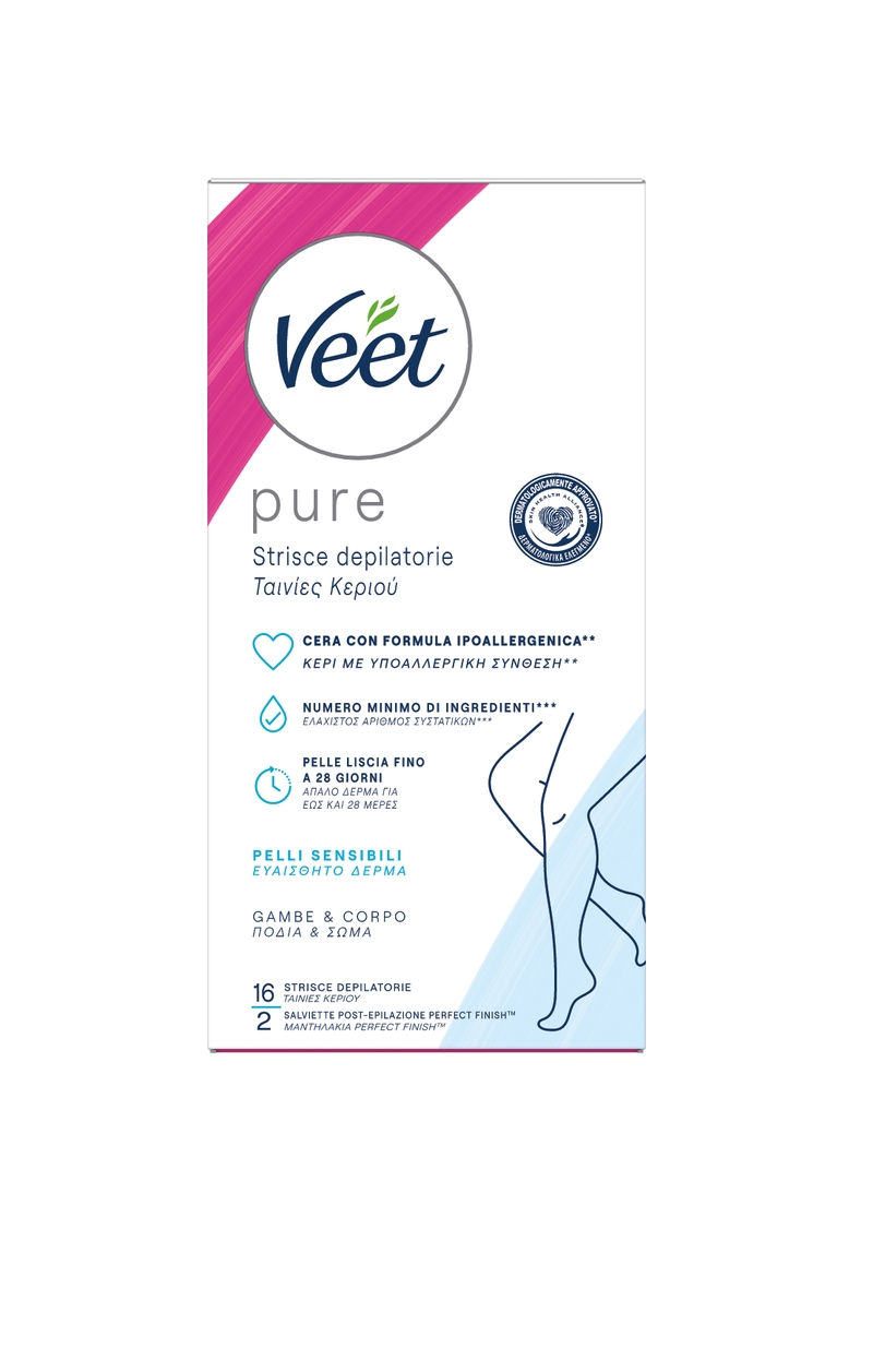 Veet Pure strisce ipoallergeniche depilatorie corpo e gambe, 16 pezzi